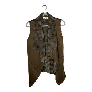 One The Land Vest Womens Medium Faux Fur Lined Faux Suede Brown Casual Boho Open